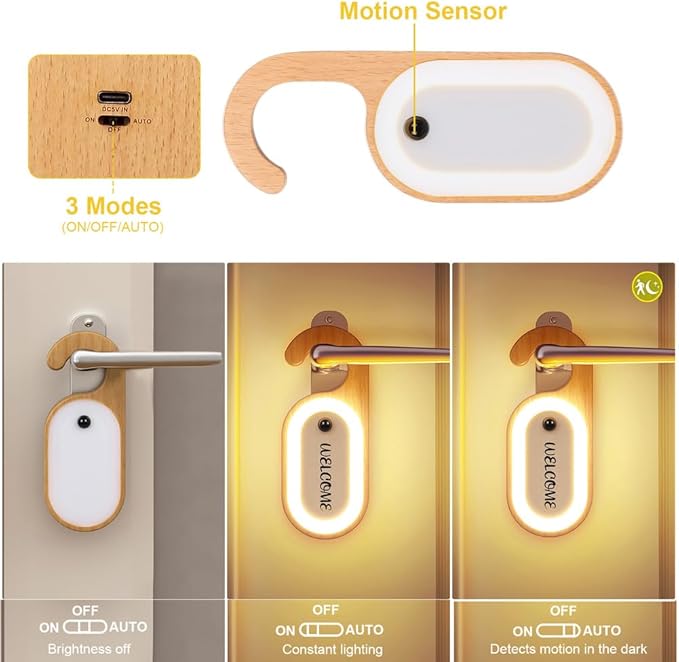 Wooden Message Motion Sensor Night Light with Memo Stickers, Doorknob Board LED Lamp, Rechargeable Doorhandle Hook Design for Bedroom, Bathroom, 2Pack