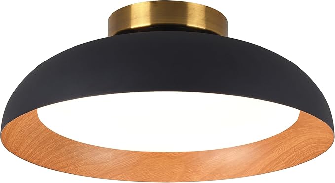 Bargeni Flush Mount Ceiling Light,12.5 inch LED Ceiling Light Fixture,5CCT Dimmable/2700K-6000K/20W, Matte Black with Wood Accent,Mid Century Light Fixtures Ceiling Mount,ETL Certified