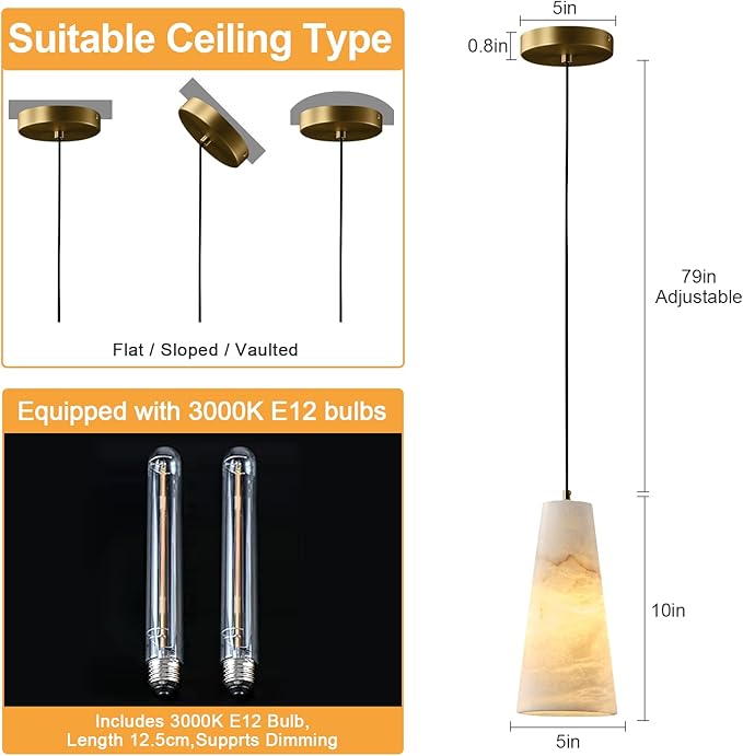 Alabaster Pendant Lights Kitchen Island,White Pendant Light, Marble Shade Brass Cone Lighting Fixtures for Bedroom Bathroom Dining Room Living Room H-10in (Bulbs INCL)