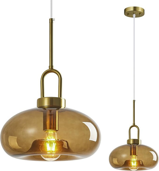 Brown Glass Pendant Lights Kitchen Island Gold Pendant Light Fixtures Adjustable Height Modern Pendant Lighting for Bedroom Dining Room (1-Pack)