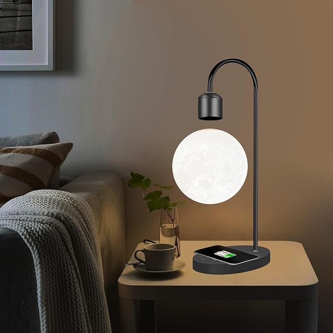 Magnetic Levitation Planetary Light with Wireless Phone Charger, Floating Moon Lamp, 360° Rotating Night Light for Girlfriend, Mom, Birthday, Anniversary(Silver,A)