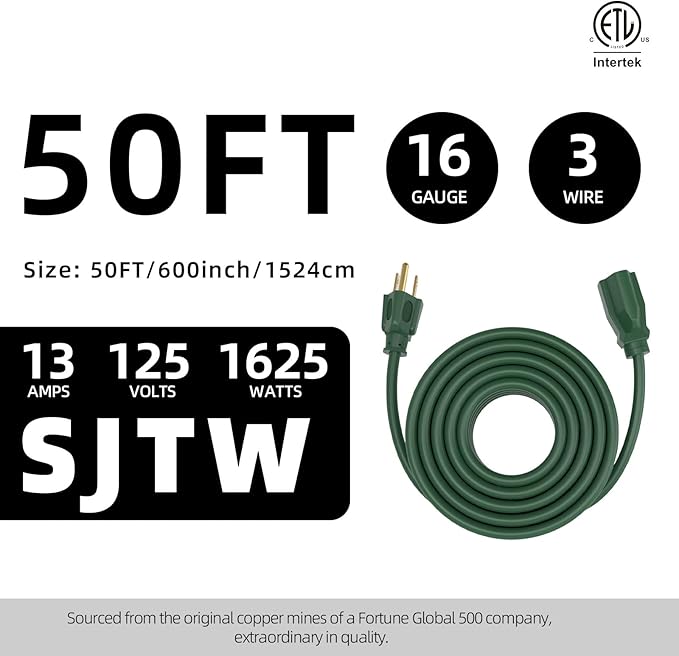 50FT 16/3 Gauge Green Outdoor Extension Cord Waterproof Light Duty, 3 Prong Cold Weatherproof -40℉ Flexible Power Cord, 13A 1625W SJTW ETL Listed for Lawn Mower, Christmas Lights, Tools