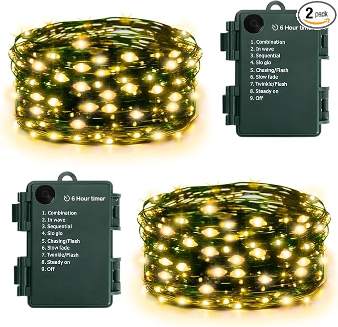 KOUQIYA Christmas Fairy Lights 2 Pack, 18ft 50 LEDs Battery Starry Light with Timer 8 Modes Waterproof Tree Lights for Outdoor Indoor Xmas Garden Party Decor (Warm White, 50 LEDs x 2 Pack)