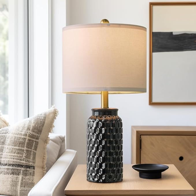 20.5" Black Modern Ceramic Bedside Lamp Set of 2 for Bedroom Decor Farmhouse Table Lamp for Living Room Office Dorm