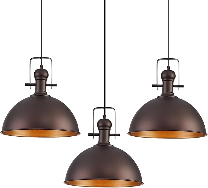 12 Inch Oil Rubbed Bronze Farmhouse Pendant Lights Large Pendant Lights for Kitchen Island Industrial Adjustable Height Vintage Big Dome Hanging Light Fixtures for Barn, Dining Room 3 Packs