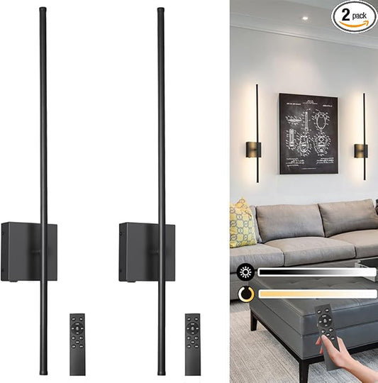 Battery Operated Wall Sconce Set of 2, Black USB Rechargeable Sconces Wall Deco Set of Two, Dimmable Cordless Wall Sconce with Remote Control, LED Wireless Wall Lighting,31.6 in
