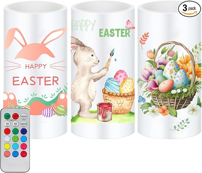 3PCS Easter Flameless Candles with Remote Control,Happy Easter Bunny Flower Rabbit Spring LED Candle Battery Operated for Easter Theme Party Home Decor