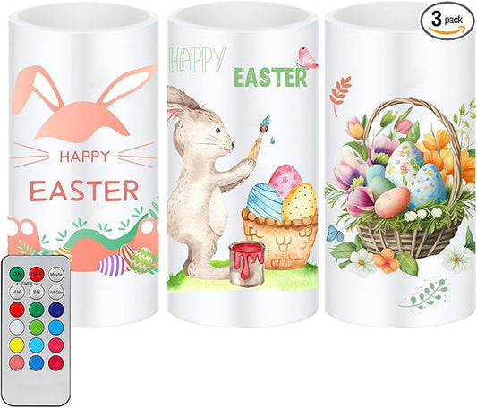 3PCS Easter Flameless Candles with Remote Control,Happy Easter Bunny Flower Rabbit Spring LED Candle Battery Operated for Easter Theme Party Home Decor