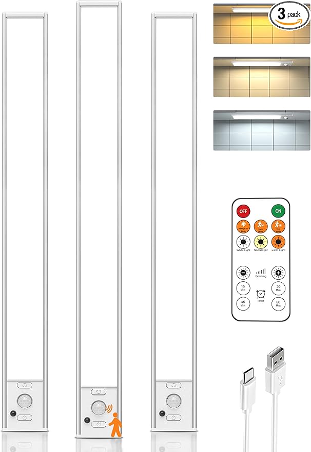 16in Under Cabinet Lighting with Remote Control,160 LED Motion Sensor Light Indoor,4000mAh USB Rechargeable Closet Lights,3 Color Temps Wireless Under Counter Lights for Kitchen,Pantry, Stair, 3 Pack