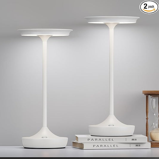 2 Pack LED Rechargeable Cordless Table Lamps, Portable Outdoor Battery Operated 3 Color Stepless Dimming Tables Light with Memory Function for Patio Restaurant Dining Room White