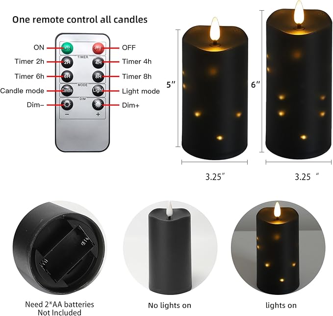 5 Packs Flameless Candles, Black Battery Operated Candles, Black LED Candles with Remote, Realistic Flickering Dancing Flame, Outdoor Waterproof for Halloween Party Outdoor Garden