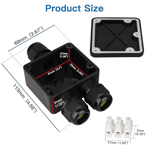 Helunsi 2 Pcs Waterproof Junction Box 3 Way, IP68 External Waterproof Electrical Junction Box, Black Underground Junction Box Outdoor Cable Connector, for Diameter 5mm -15mm Wire Gland (Small)