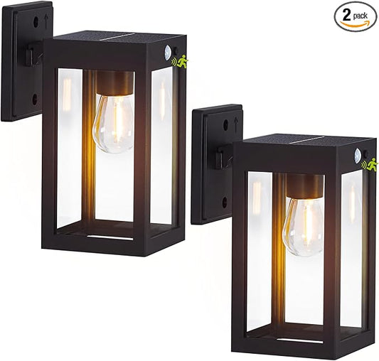 2 Pack Solar Porch Lights Outdoor,Solar Wall Lights with 3 Lighting Modes&Motion Sensor, Dusk to Dawn Sconce Lights Wall Mount,Exterior Wall Lantern Light Fixture for House, Garage,Patio,Shed
