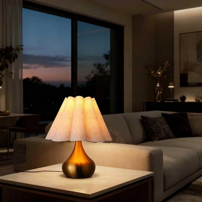Small Table Lamp Pleated Table Lamp Fabric Shade Desk Lamp Gold Base Mini Bedside Nightstand Lamp with Beige Lampshade Cute Night Light Modern Lamp for Bedroom Home Living Room Kitchen Nursery Decor