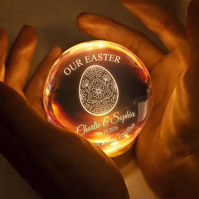 Personalized Easter Egg Crystal Ball LED Night Light, Custom Name Glass Globe Lamp with Date, Engraved Floral Egg Design Spring Keepsake Gift for Couples Family Anniversary