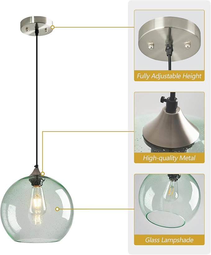 Light Green Glass Pendant Lights Kitchen Island Globe Pendant Light Fixtures Modern Pendant Lighting for Bedroom Living Dining Room Light Fixture (9.84 in, 3 Pack)