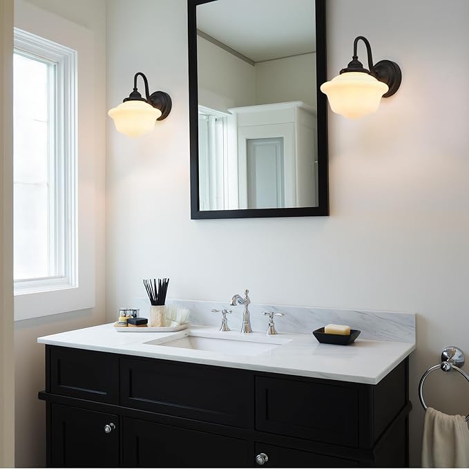 Pathson Vintage Wall Sconce with Milk White Glass, Hardwired Gooseneck Wall Vanity Light Bathroom Sconce Fixture for Living Room, Foyer, Loft, Bedroom, Farmhouse Lamp