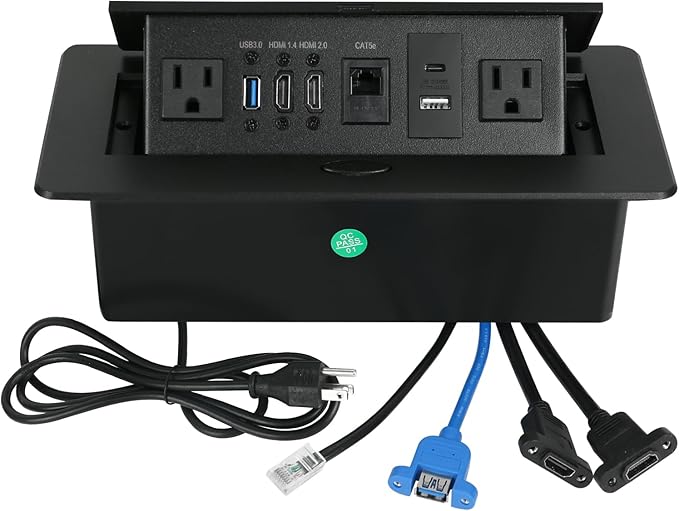 Table Pop Up Outlet, Desktop Pop Up Socket Center Countertop Socket Multimedia Strip Socket Connection Box Countertop with USB 3.0/2×AC/2×HDMI/USB-A/USB-C/LAN for Conference Desk Office (Black-3)