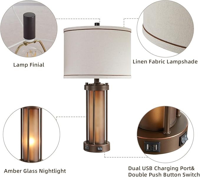 Farmhouse Table Lamps for Living Room with 2 USB Charging Ports, Vintage Rustic Nightstand Lamp with Amber Glass Nightlight, Retro Desk Lamp for Bedroom Entryway, 2 Bulbs Included