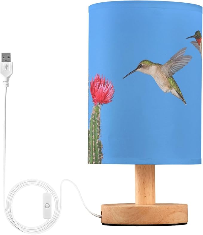 Table Lamp Hummingbird Couple Flying to Cactus with Red Flower Blue Sky Nightstand Lamp with Wood Base Fabric Lamp Shade Bedside Desk Lamp for Living Room Bedroom Kids Room Office