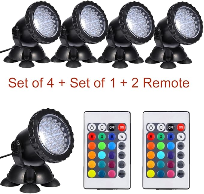 iMeshbean 12-LED Led Submersible Pond Lights,Set of 4/6 Underwater Pool Fountain Waterfall Lights PL1LED with Color Lens (Set of 5 with Remote Control)