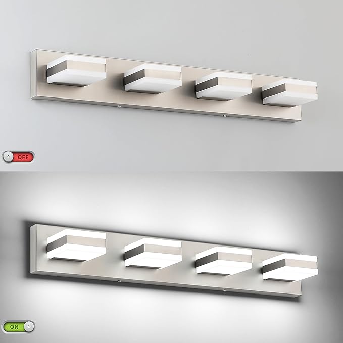 SOLFART Bathroom Vanity Lights Brushed Nickel LED Lighting, LED Bathroom Light for Bath, 4 Light Vanity Lighting Above Mirror Cool Light ND