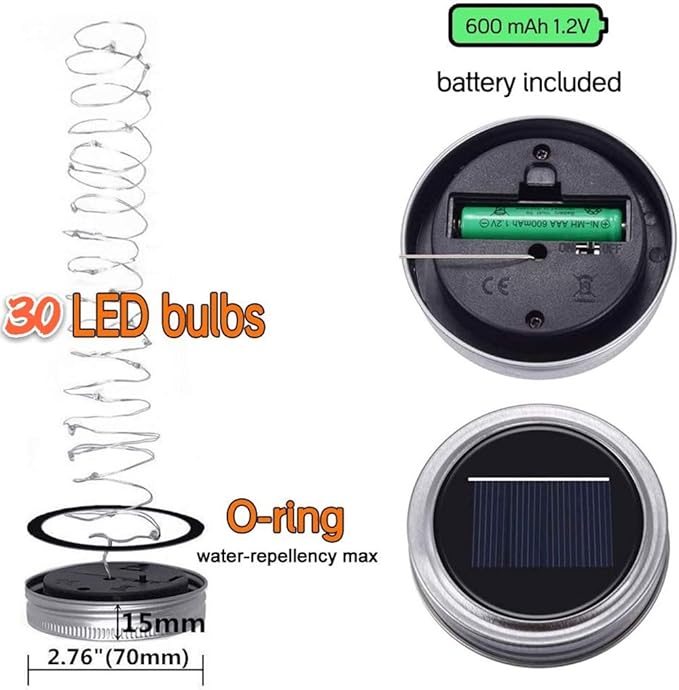 SunKite Solar Mason Jar Lights, 12 Pack 30 LED Waterproof Fairy Firefly Jar Lids String Lights with Hangers(NO Jars), Patio Yard Garden Wedding Decoration - Cool White