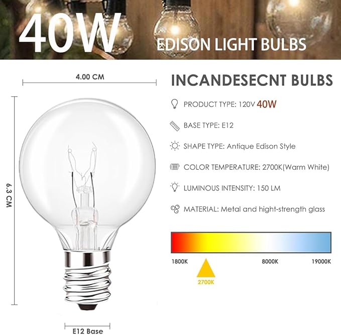 SCOMX Wax Warmer Bulbs, 40 Watt G50 Bulbs for Full-Size Scentsy Warmers, E12 Incandescent Candelabra Base Clear Light Bulbs for Candle Wax Warmer,Halloween Lights,Dimmable - Warm White (40W)