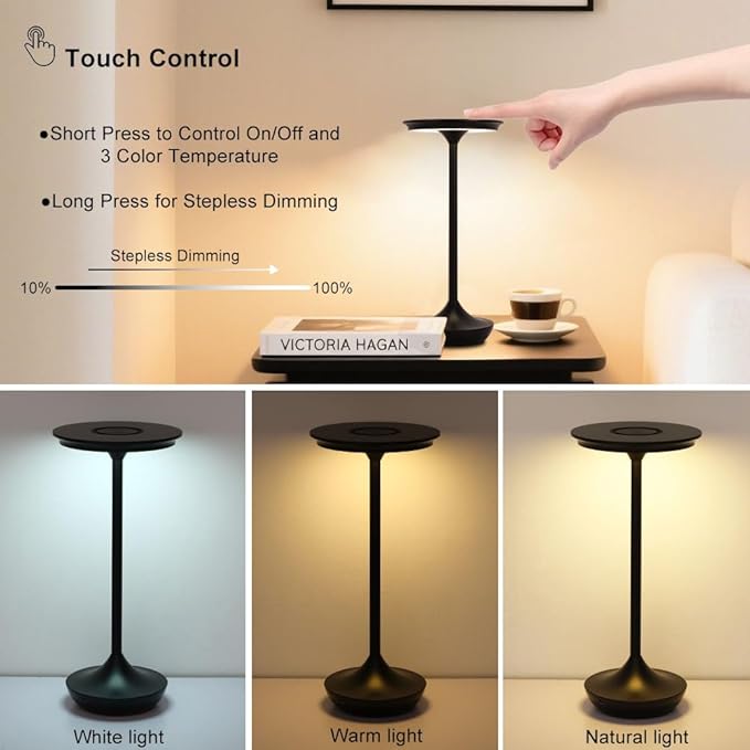 LED Cordless Table Lamp Rechargeable,Portable 6000mAh Battery Outdoor Bedside Table Lamps,3 Color Stepless Dimming Touch Battery Powered Lamp, Table Light for Restaurant/Patio/Camping/Bedroom(Black)