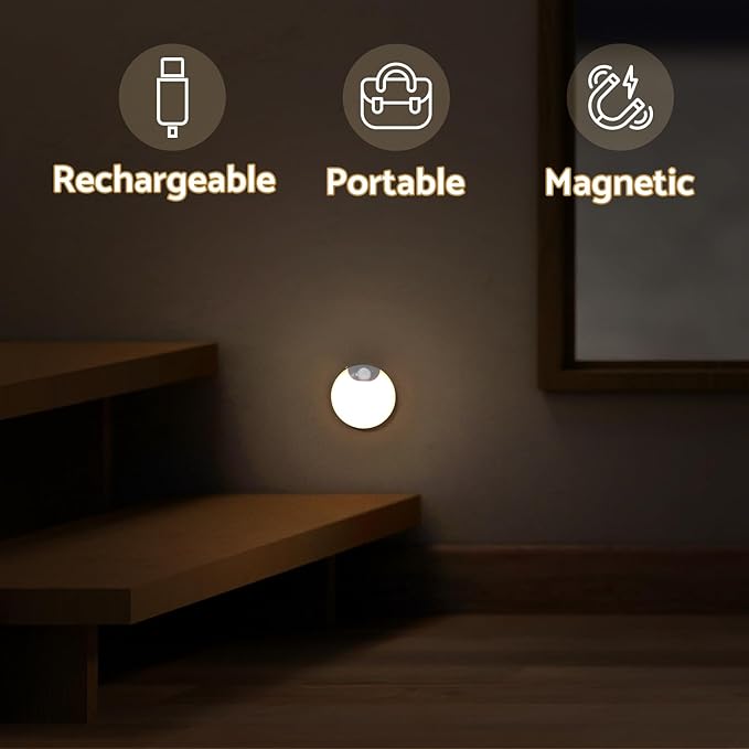 Battery Night Light, Motion Sensor Night Light Rechargeable, Magnetic Warm White LED Stick-On Closet Light, Dimmable Brightness for Stairs, Bathroom, Wall, Cruise, Cabinet, Hallway (2 Pack)