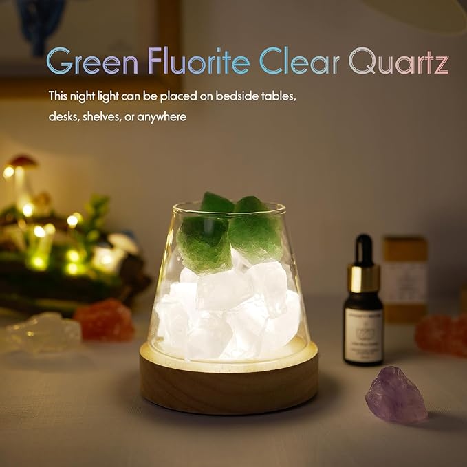 Runyangshi Crystal Night Lamp Natural Green Fluorite Clear Quartz Crystal and Healing Stones Aroma Ambient Light with Remote Control - USB Port 7 Colours Dimming Mode for Bedroom Home Decor Gift