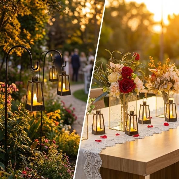 Romadedi Mini Decorative Lantern for Centerpieces - 10 Pcs Small Gold Candle Lanterns with Flickering LED Candles for Wedding Table Decor Christmas Party Halloween, Battery Included