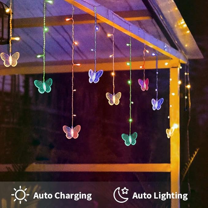 Butterfly Solar Lights Outdoor 13ft LED Fairy Curtain Light with Remote, USB Rechargable Waterproof Solar Firefly Lights Butterfly Decor for Garden Patio Fence Balcony Yard Tent Easter (Multicolor)