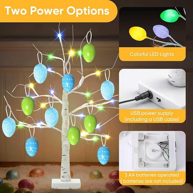 Easter Decorations Set of 2 Lighted 24 Inch Artificial Tree with 24pcs Easter Eggs, Colorful Easter Decor LED Lights, Light Up Tabletop Bonsai Tree for Table Home Holiday Spring Decors