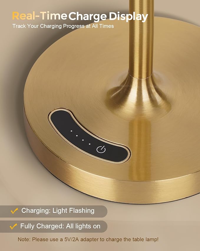 Cordless Touch Table Lamp, 4000mAh Rechargeable Small Desk Lamp with 3 Color Temperatures & Stepless Dimming, Portable LED Bedside Lamp for Bedroom, Living Room, Patio & Camping, Gold