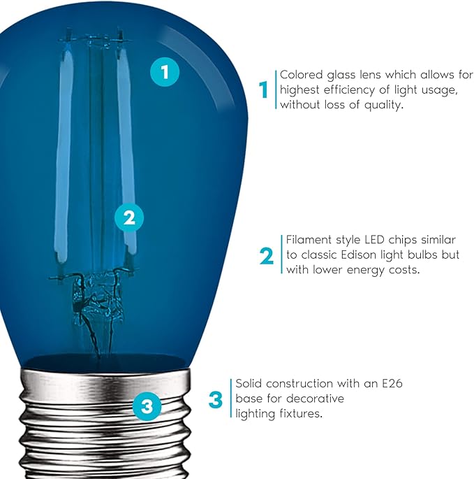 LUXRITE 12-Pack S14 Edison LED Blue Light Bulb, 0.5W, Colored LED Bulbs for Outdoor String Lights, UL Listed, E26 Base, Indoor Outdoor, Decoration, Party, Holiday, String Light Replacement Bulbs