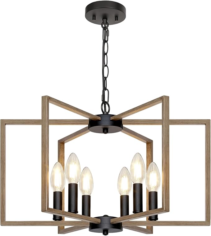 6 Light Farmhouse Chandelier, Dining Room Light Fixture with Wood Grain Painted, Metal Geometric Ceiling Light Rustic Hanging Pendant Lights with E12 Base for Kitchen Island Entryway Foyer, Indoor