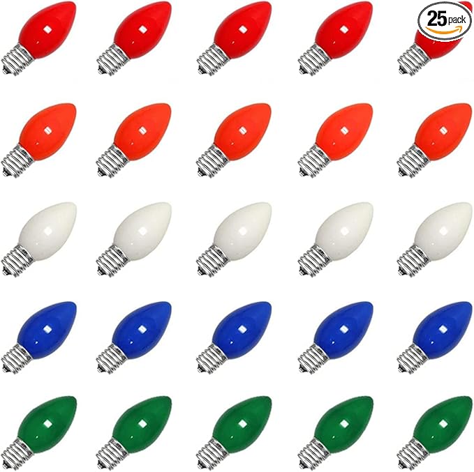 25 Pack C7 Multicolor Christmas Replacement Bulbs, Vintage Multicolor Ceramic Light Bulbs Fits C7 Christmas Indoor Outdoor String Light, C7/E12 Candelabra Base, 5 Watt