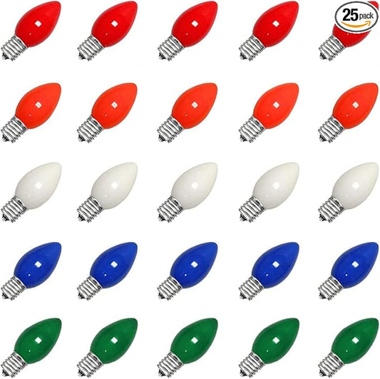 25 Pack C7 Multicolor Christmas Replacement Bulbs, Vintage Multicolor Ceramic Light Bulbs Fits C7 Christmas Indoor Outdoor String Light, C7/E12 Candelabra Base, 5 Watt