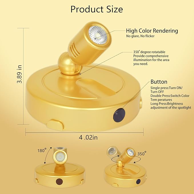 LED Spotlight Indoor,Rechargeable Battery Uplighting Indoor with Timer,3CCT Dimmable Accent Spot Lights for Plants Tree Wall Art Display Painting Artwork Portrait Dartboard Gallery-Gold