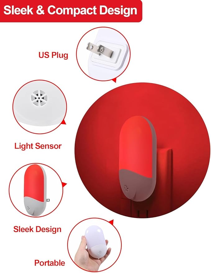 670nm Red & Amber Light Night Light for Sleep[2 Pack] - Zero Blue Light, with Dusk to Dawn Sensor Auto On/Off LED Red Night Light Plug into Wall for Nursery Bedroom Bathroom