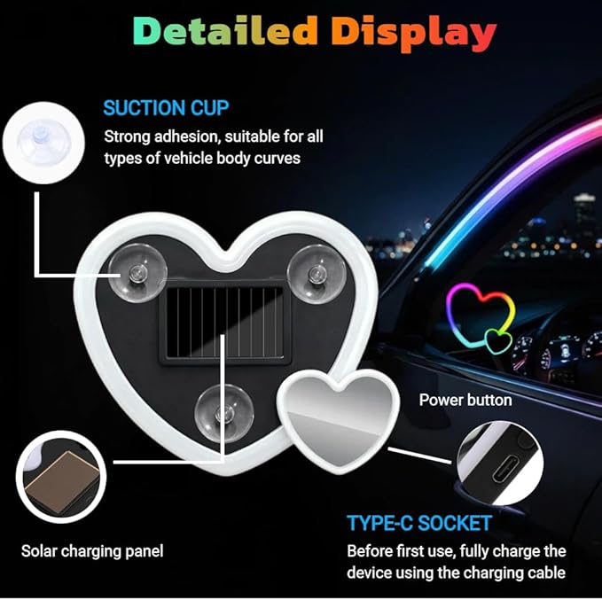 Car LED Ambient Lighting - 7 Colors 8 Modes RGB Solar Powered&USB Charging Two Heart-Shaped Neon Light for Window Car Interior Light Decoration IP65 Waterproof(1Pcs)