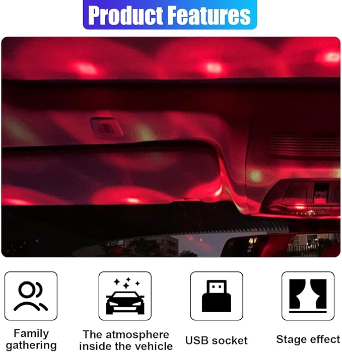 Star Projector Night Light, Portable USB LED Ambient Light - 4 Colors & 9 Modes Atmosphere Star Lights for Car Decor, Ceiling, Bedroom, Party (2PCS)