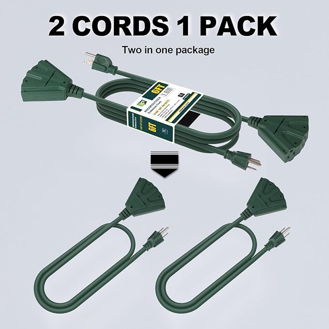 EP 2 Pack 6 Ft Outdoor Extension Cord with 3 Electrical Power Outlets - 16/3 SJTW Green Cable with 3 Prong Grounded Plug for Safety Great for Christmas Lights, Garden and Major Appliances