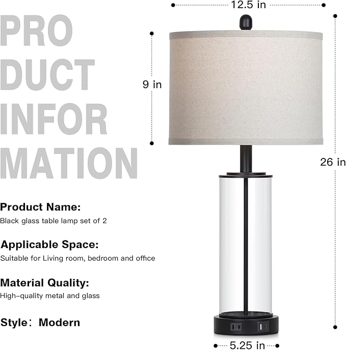 26" Glass Table Lamp Single, 3-Way Dimmable Touch Control Living Room Lamp with USB C+A Ports & AC Outlet, Modern Bedside Lamps, Bedroom Lamps for Nightstand Side End Table Desk, Black-1PK