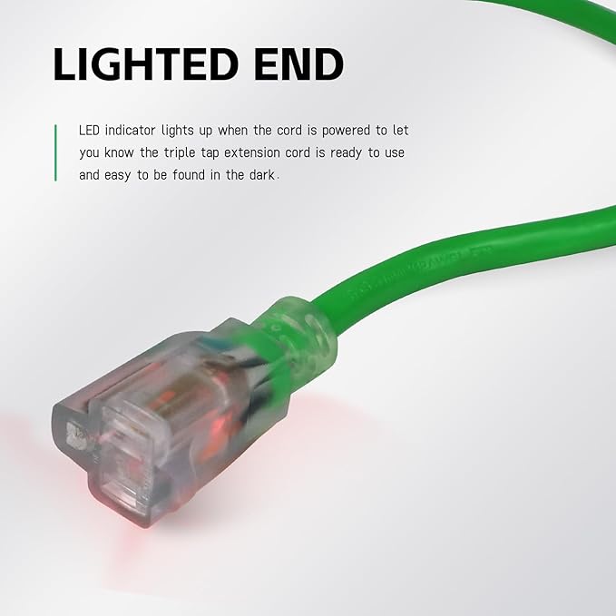 EP 6 Ft Outdoor Extension Cord, 12/3 SJTW Heavy Duty Waterproof Power Cable, 3 Prong Grounded Plug, Lighted End, for Lawn, Garden, Appliances, Green