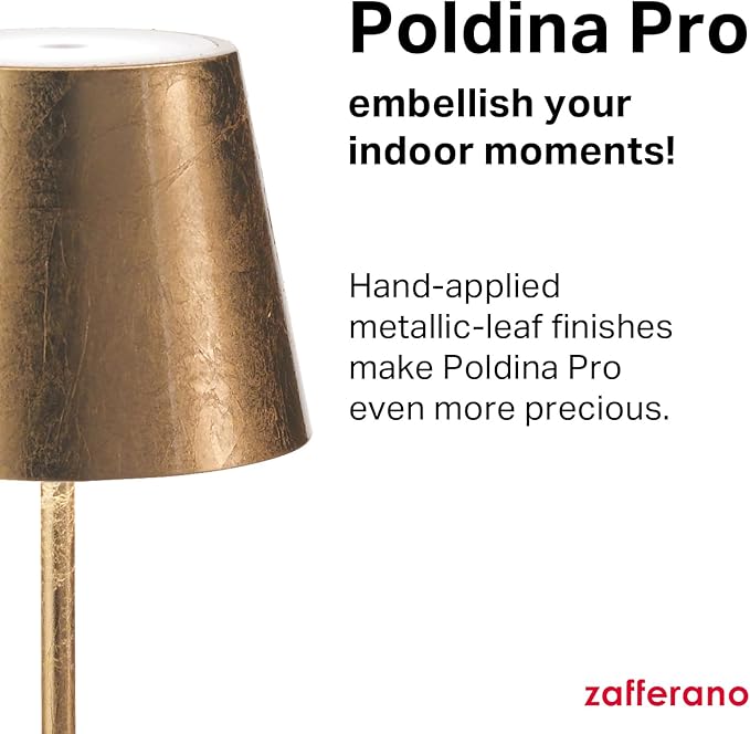 Zafferano, Poldina Pro Lamp with Gold Leaf, Rechargeable Cordless Table Lamp with Touch Controls, Usable as an Indoor Lamp, Dimmer, 2200-3000 K, Height 14.9 Inches