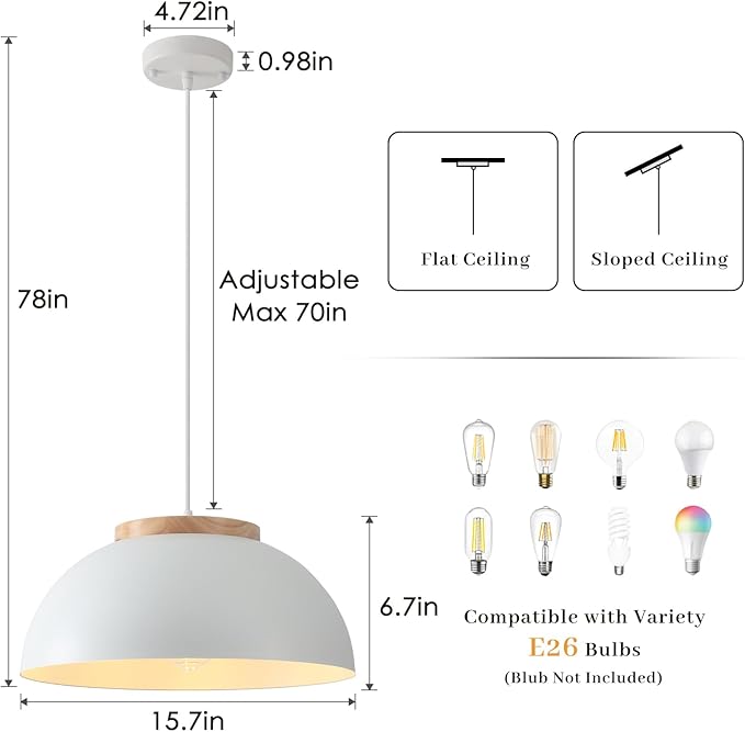 White Pendant Light 2 Pack, 16" Large Pendant Lights Kitchen Island with Wooden Holder, Farmhouse Pendant Light Fixtures for Dining Room, Living Room, Bedroom, Entryway, Hallway, Bar, Sink