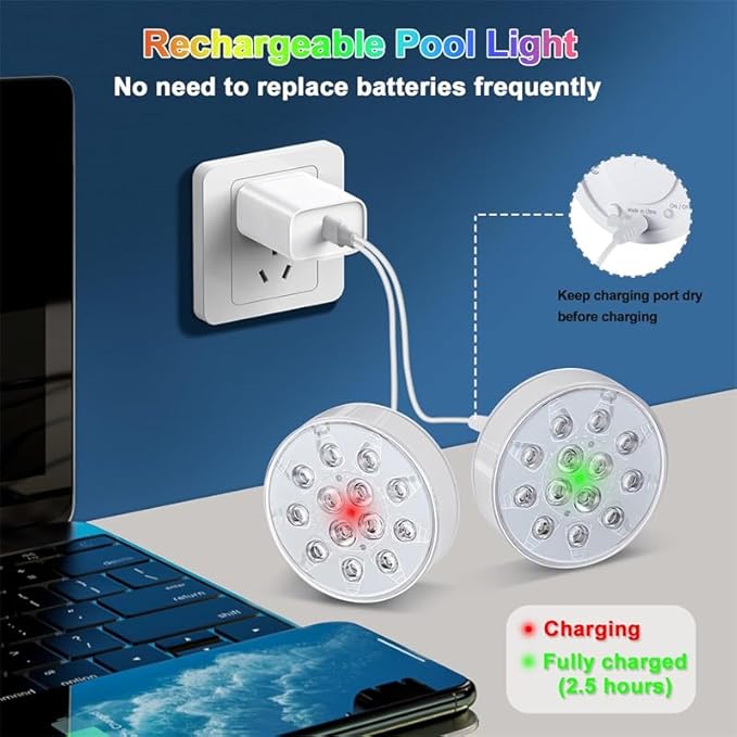 Pool Lights, 16 Color 3 Modes Submersible LED Lights with Remote & Timing, Rechargeable IP68 Waterproof Underwater Light, Dimmable Ambient Light for Pond Pool Bath Party Decoration (Drop - 2pcs)