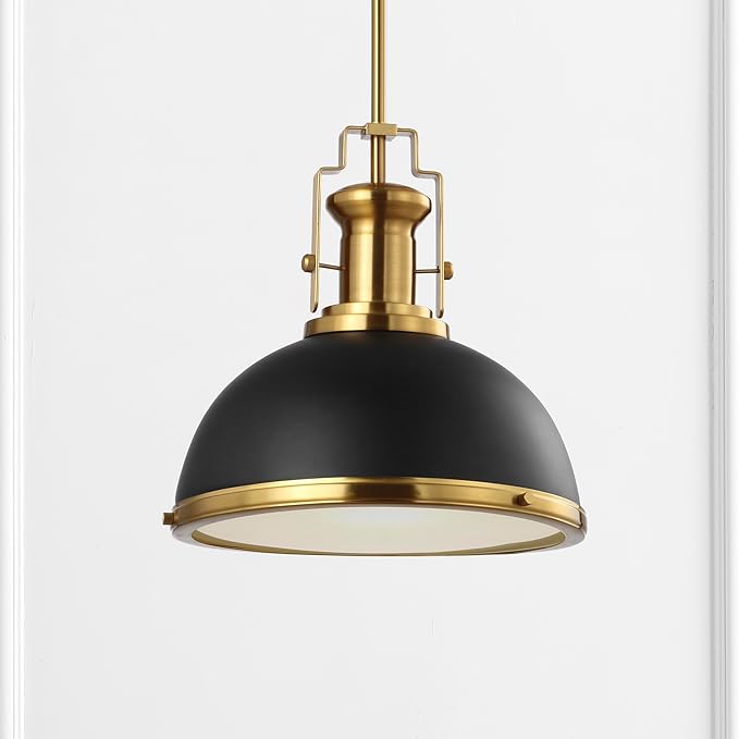 JONATHAN Y 13" Black/Brass Gold Modern Industrial Iron LED Dome Pendant Light, Adjustable Hanging Fixture for Kitchen Island or Entryway, Black Metal Shade, LED Bulb Included (JYL9536A)